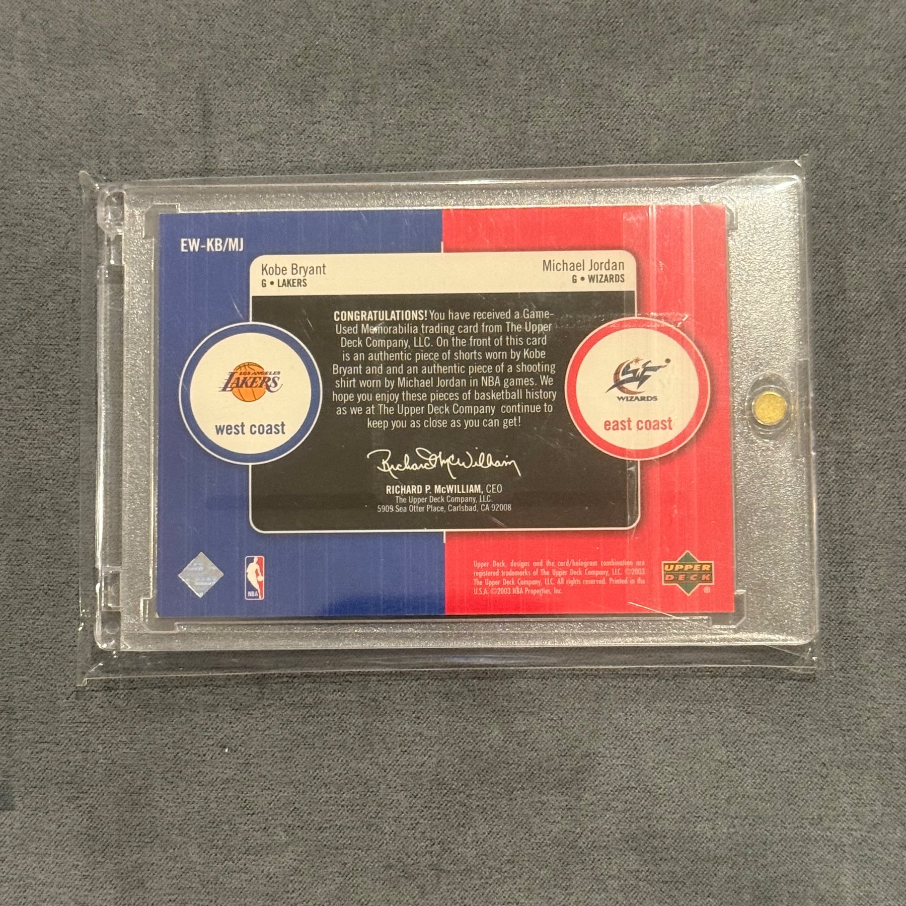 2003 Upper Deck Kobe Bryant & Michael Jordan dual game-worn jersey - back